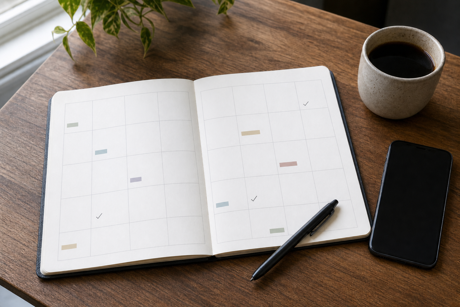 An open paper monthly calendar displaying the whole month beside an idle smartphone on a wooden desk