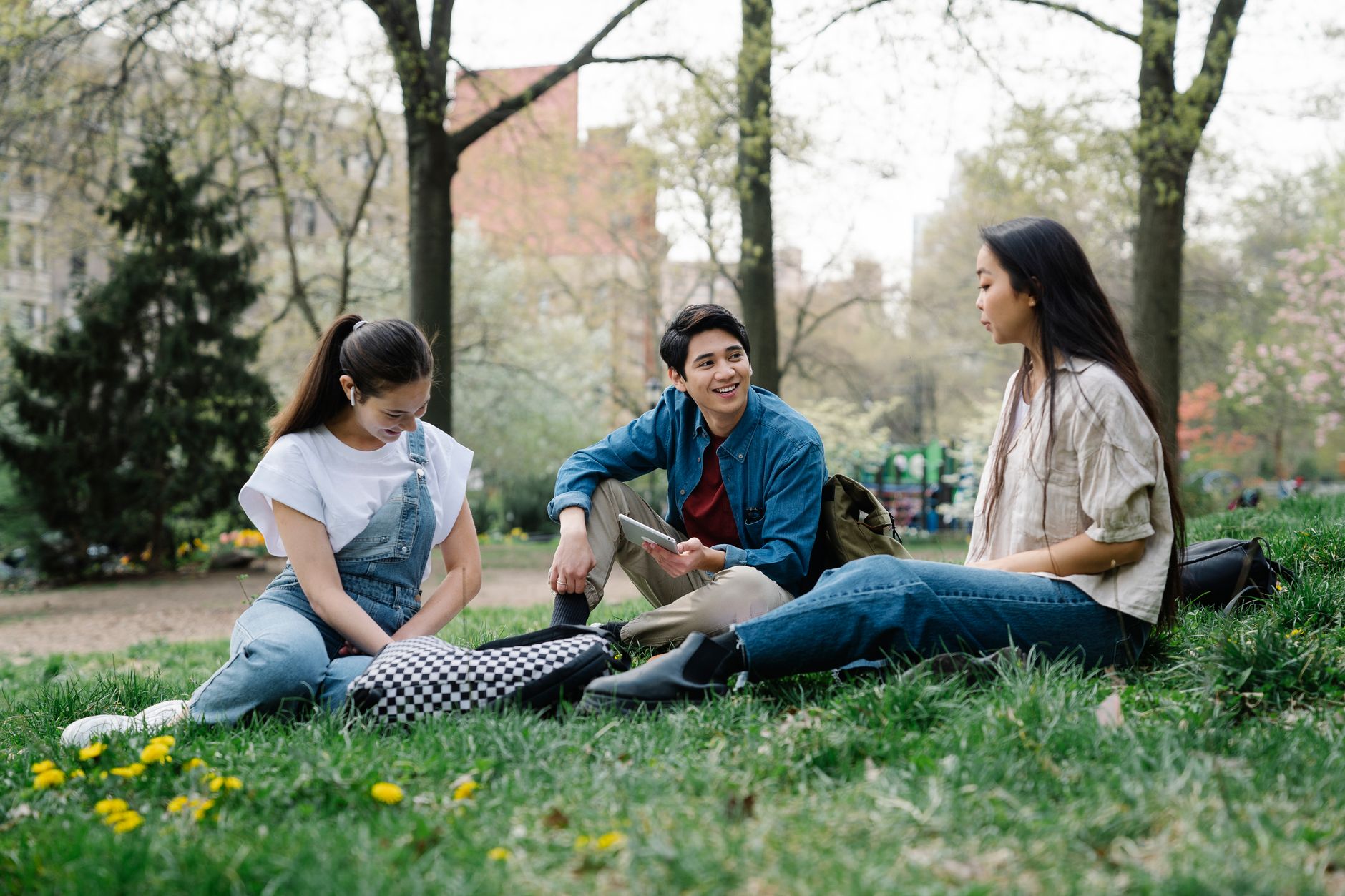 Three young adults sitting on grass and talking together in a park