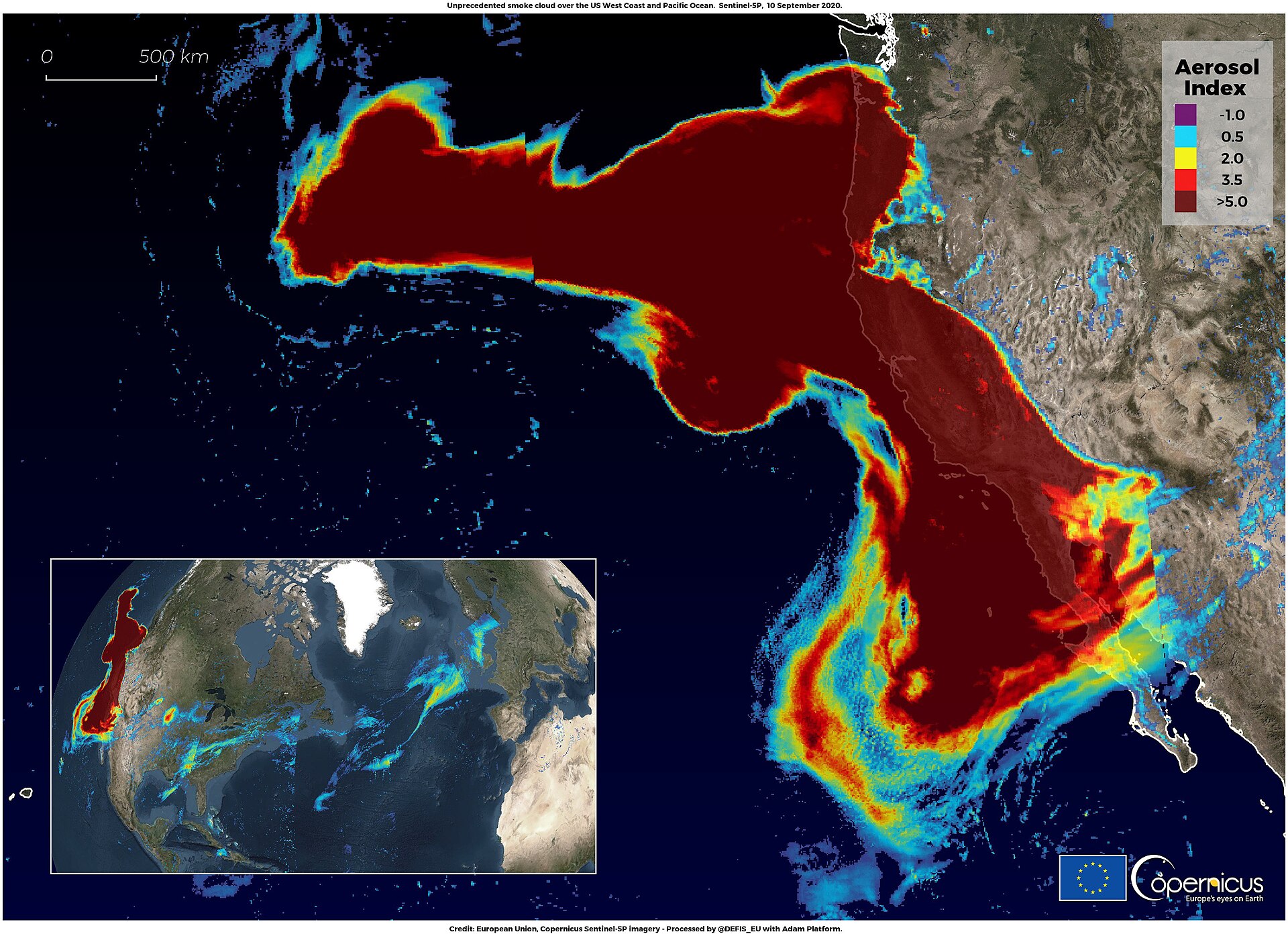 TROPOMI aerosol-index map of the 10 September 2020 smoke cloud over the US West Coast and Pacific Ocean, from Copernicus Sentinel-5P.